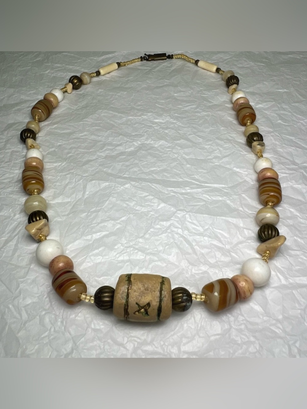 Vintage Tribal Statement Necklace Carved Horn Bone Ceramic Beads Black Green
